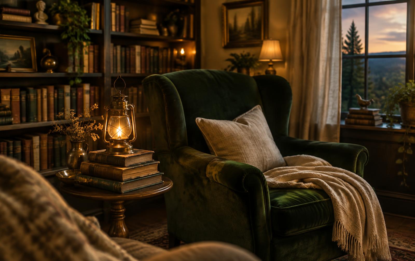 A cozy reading nook lit by a lantern